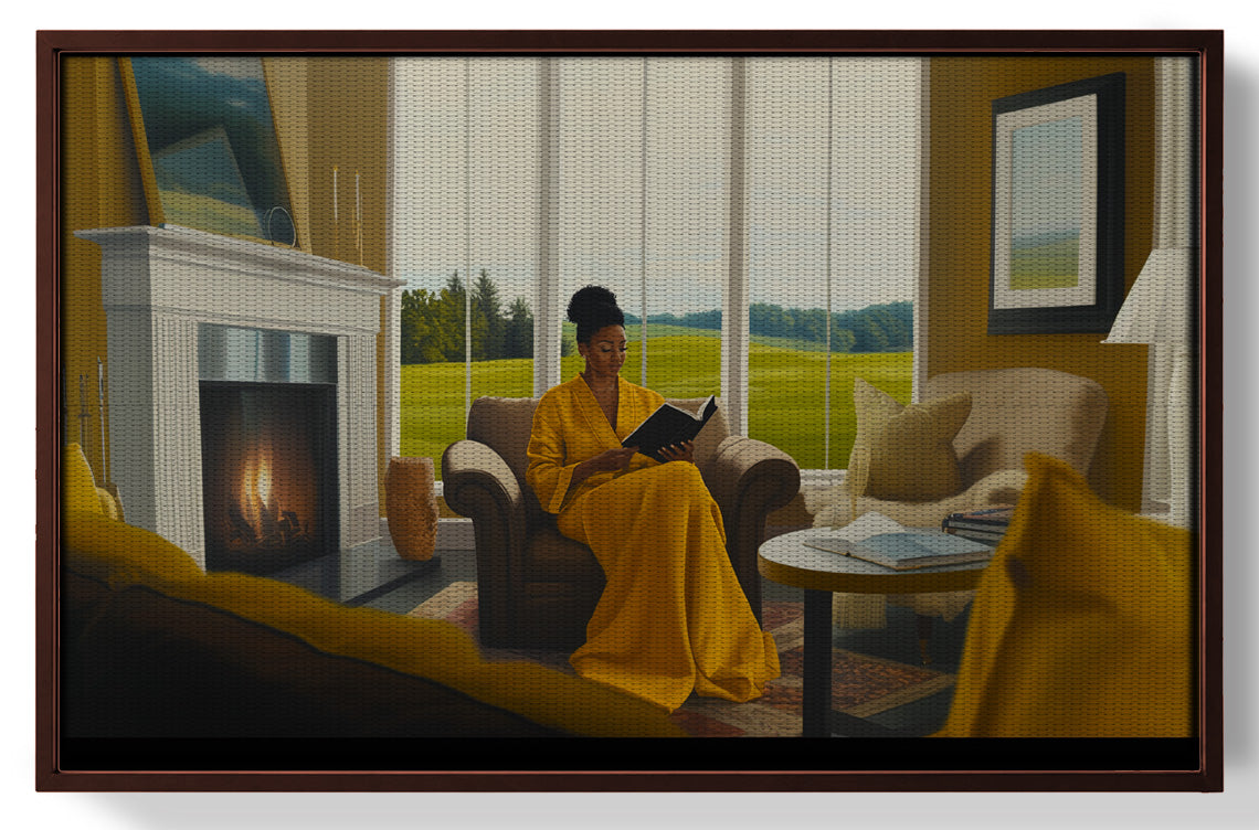Black Woman Reading by Fireplace African American wall art view 31