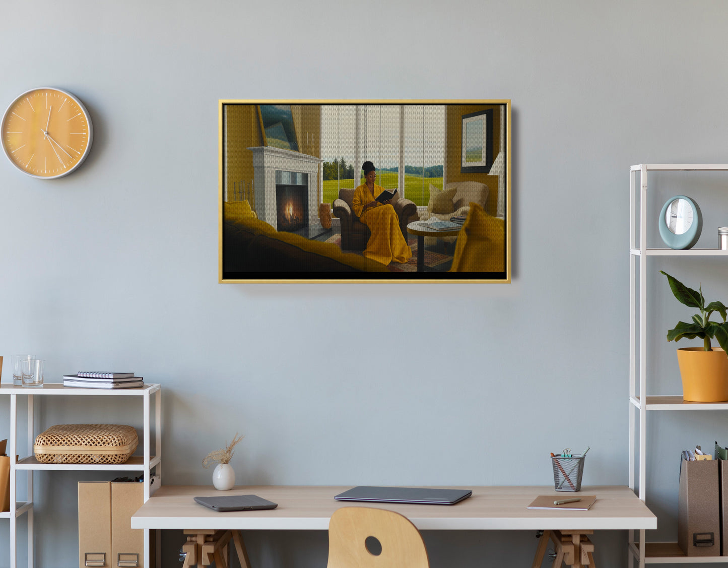 Black Woman Reading by Fireplace African American wall art view 42