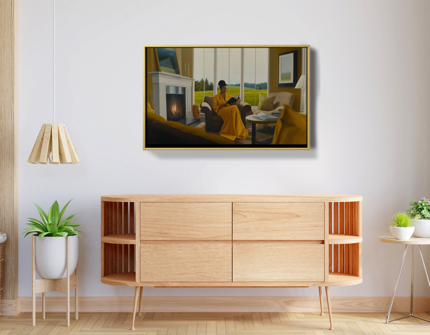 Black Woman Reading by Fireplace African American wall art view 38