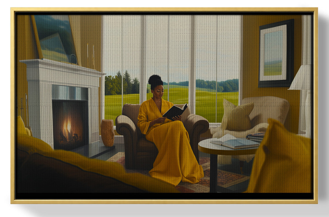 Black Woman Reading by Fireplace African American wall art view 37
