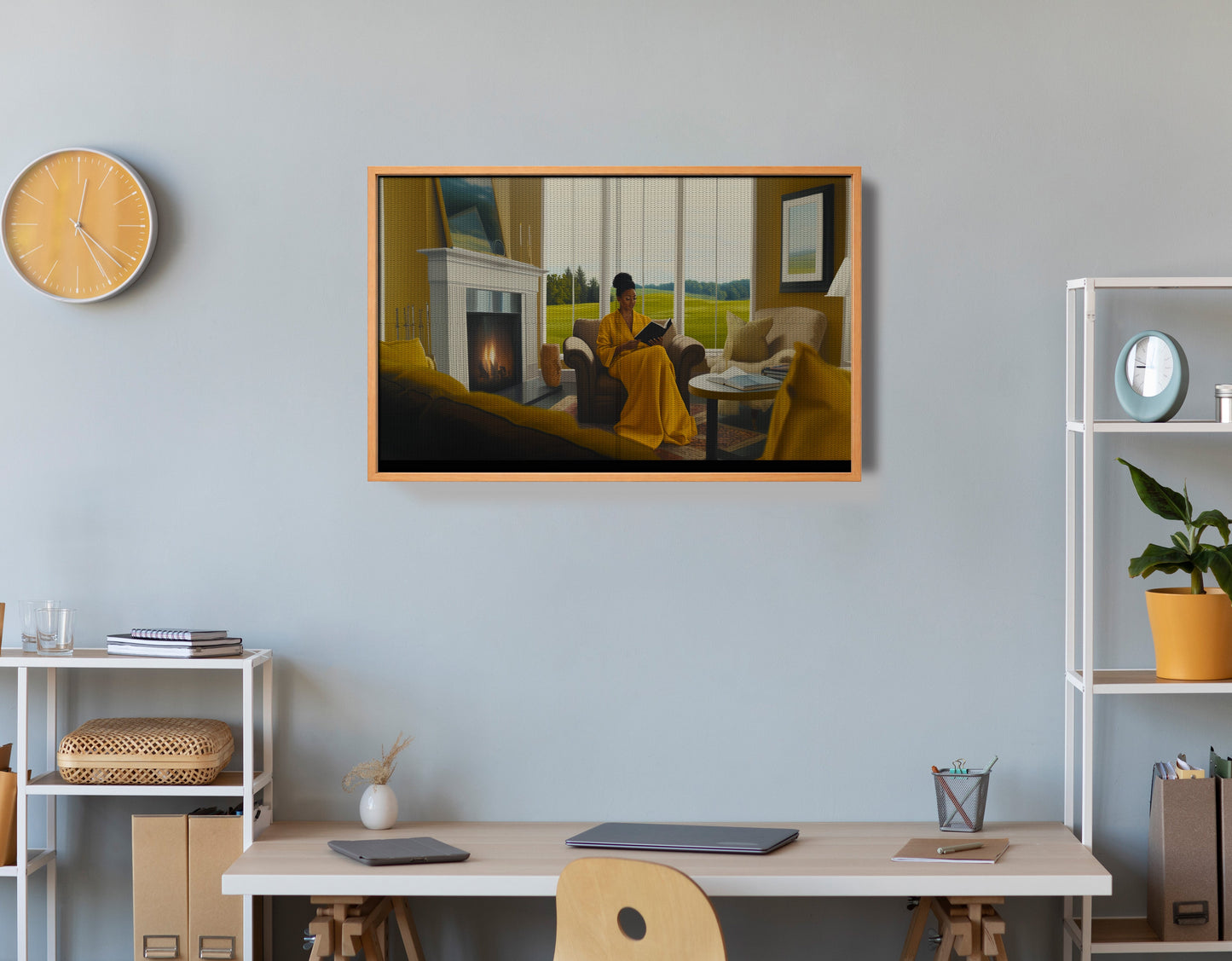 Black Woman Reading by Fireplace African American wall art view 48