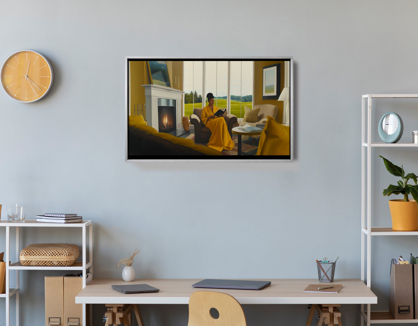 Black Woman Reading by Fireplace African American wall art view 60