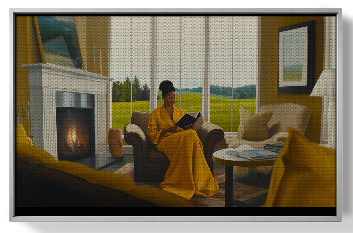 Black Woman Reading by Fireplace African American wall art view 55