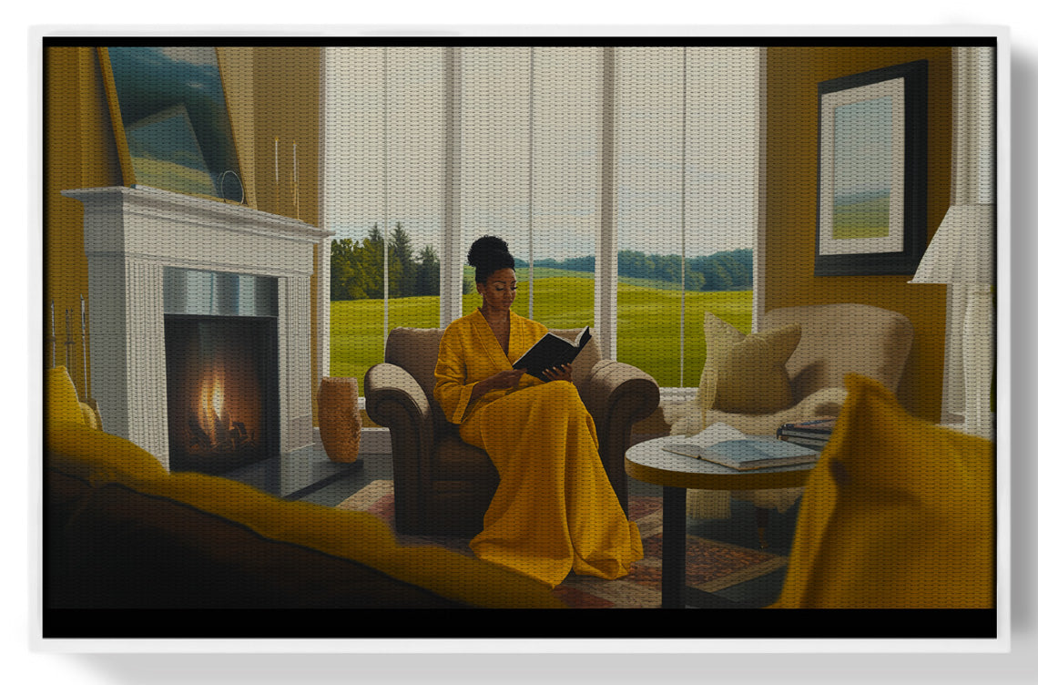 Black Woman Reading by Fireplace African American wall art view 61