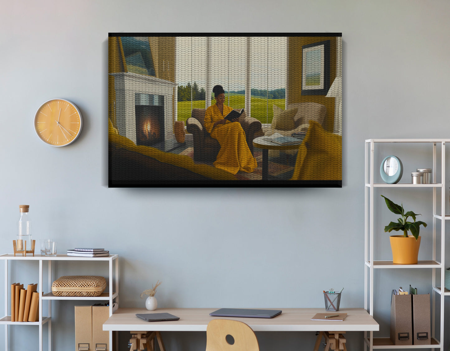 Black Woman Reading by Fireplace African American wall art view 18