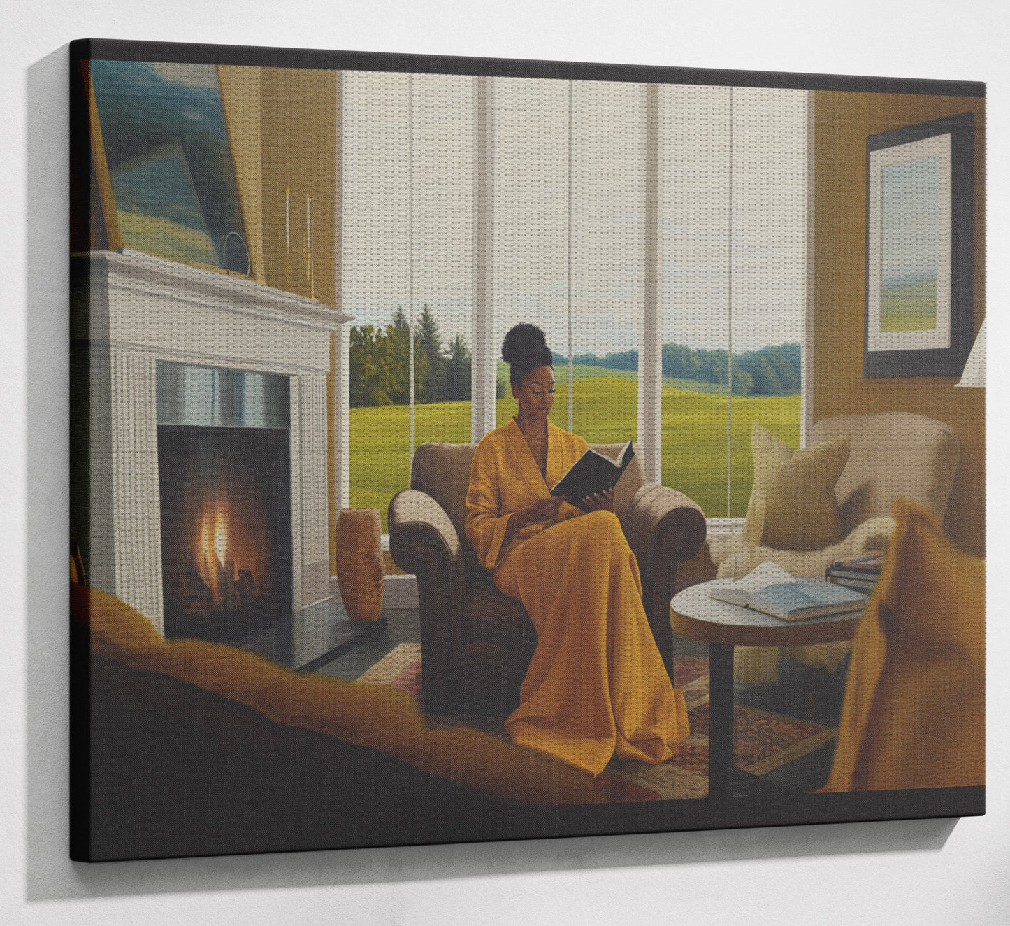 Black Woman Reading by Fireplace African American wall art view 13