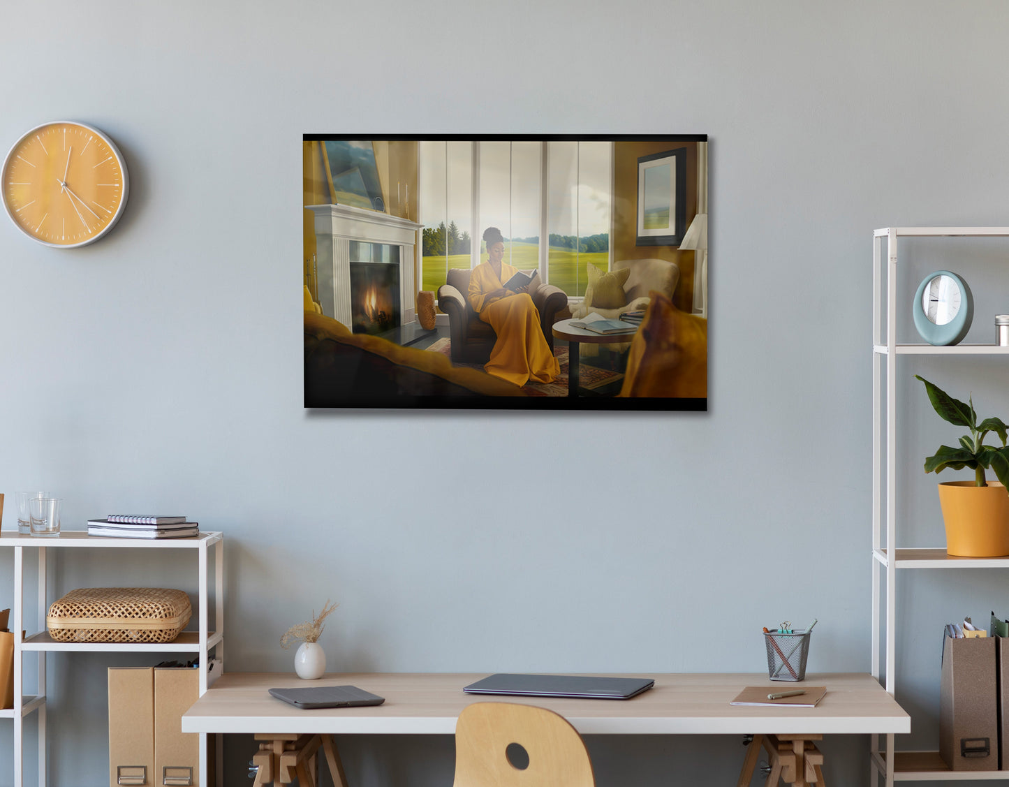 Black Woman Reading by Fireplace African American wall art view 24