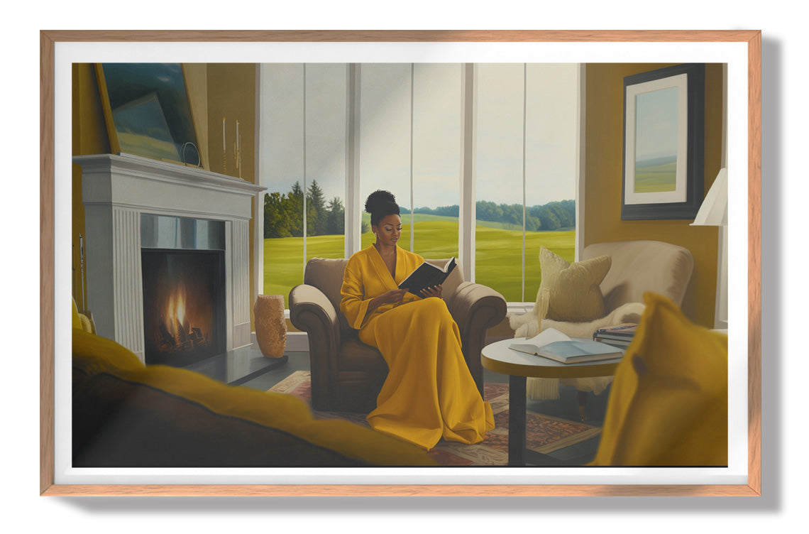 Black Woman Reading by Fireplace African American wall art view 79