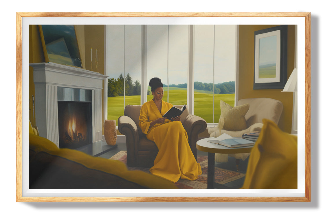 Black Woman Reading by Fireplace African American wall art view 73