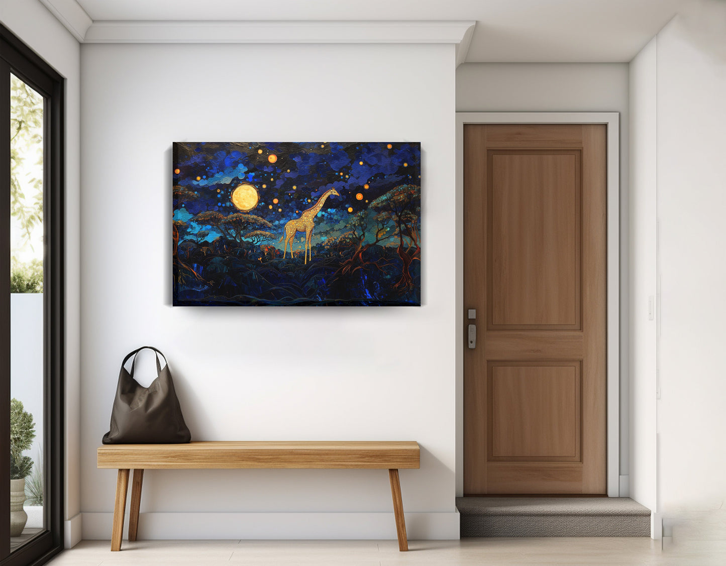 Golden Moon Giraffe African American canvas print displayed as entryway wall decor