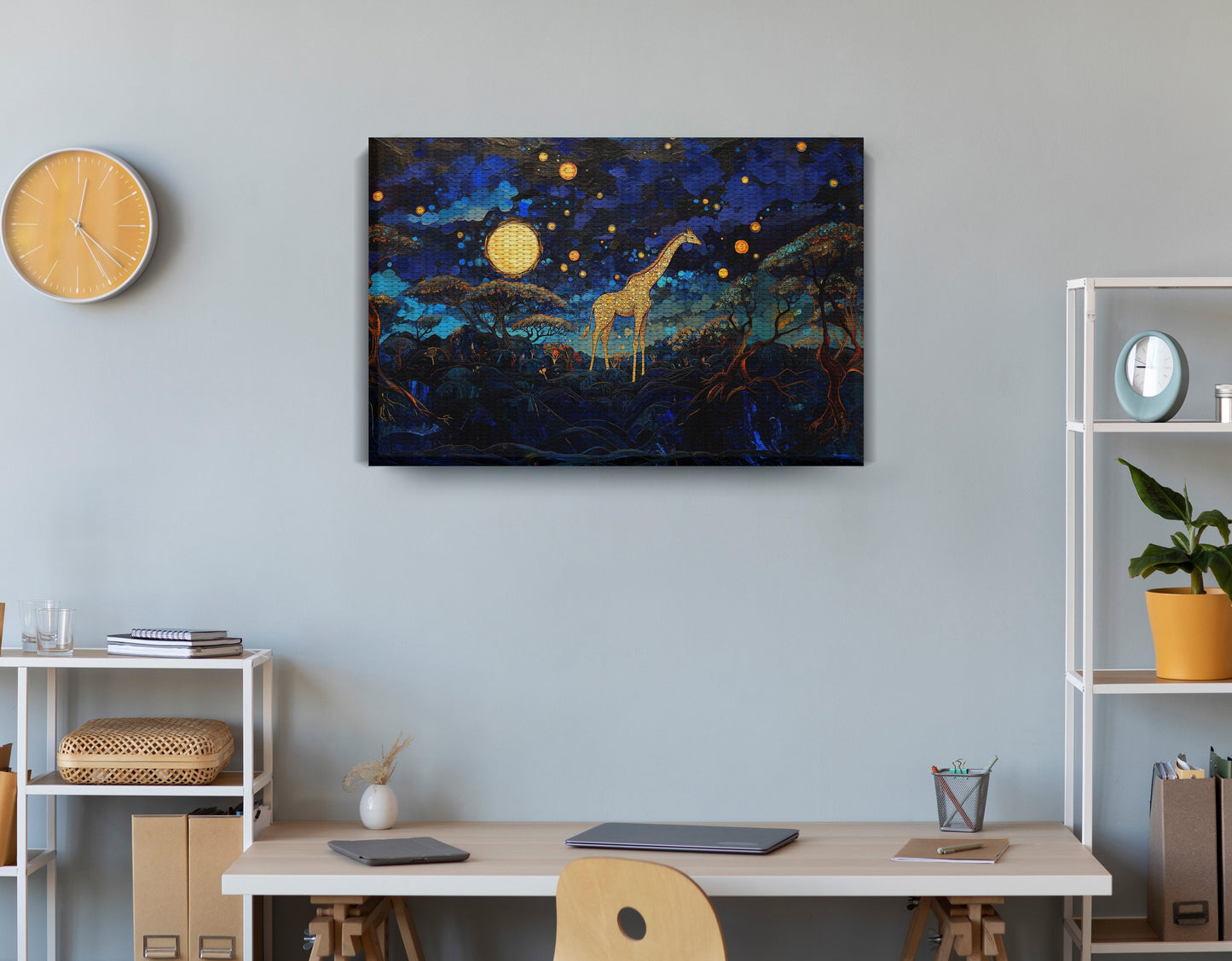 Golden Moon Giraffe African American canvas print displayed as office wall decor