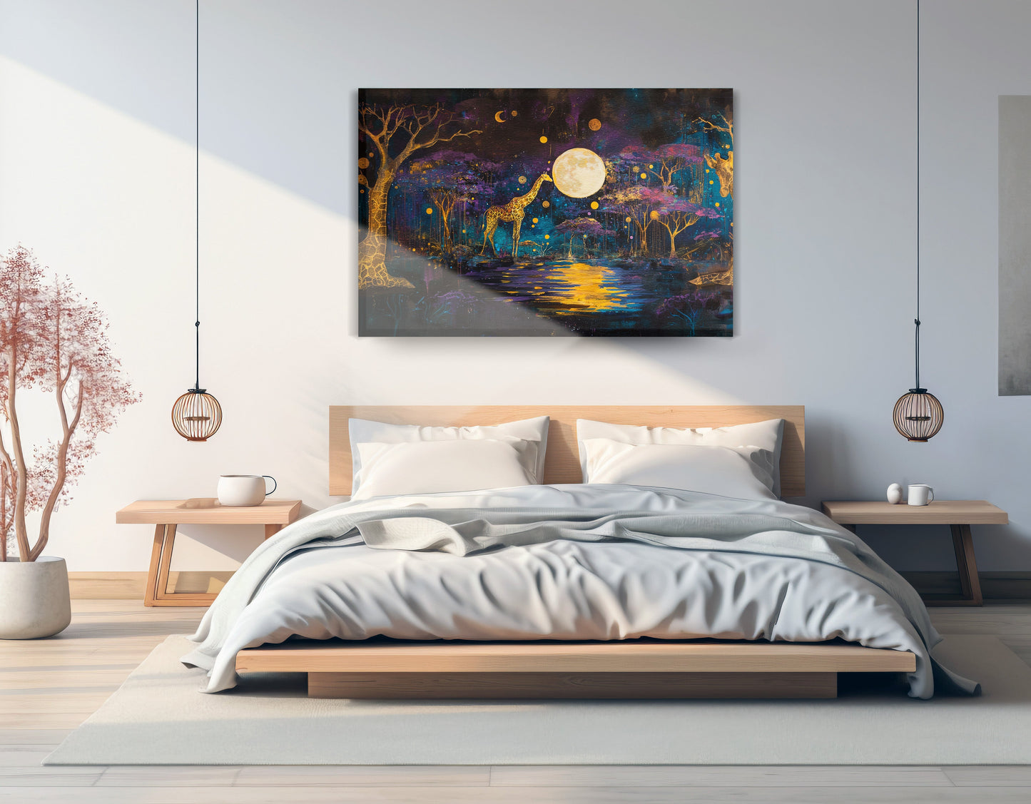 Moonlit Giraffe Safari African American canvas print displayed as bedroom wall decor