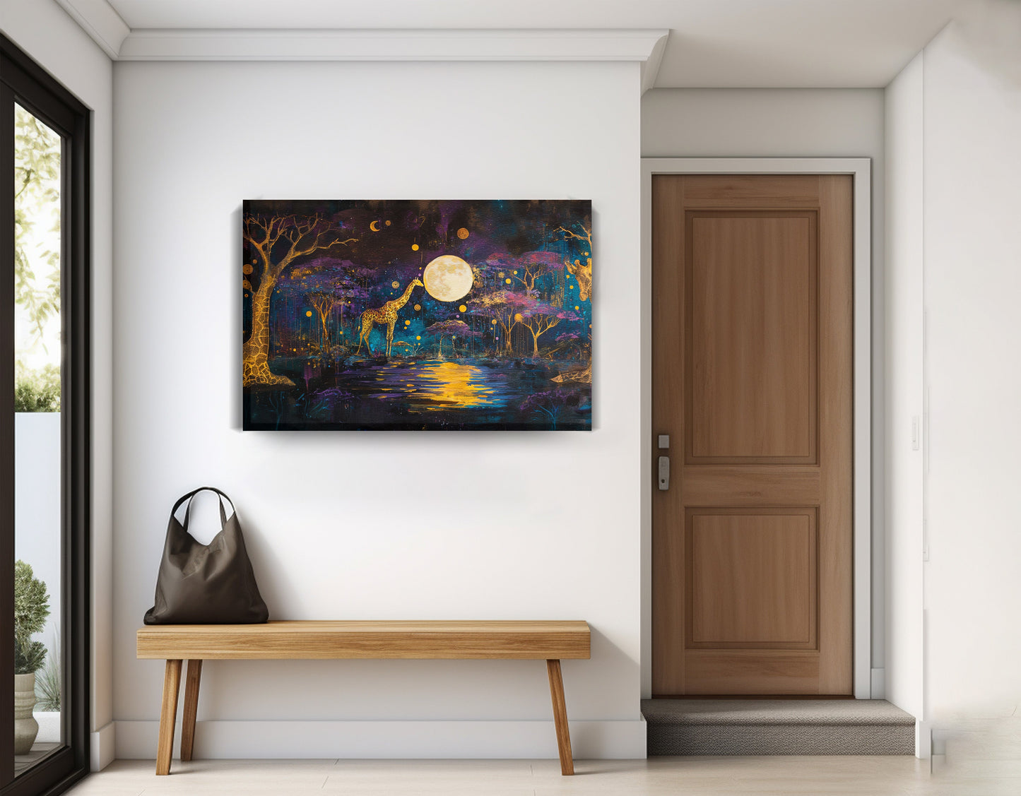 Moonlit Giraffe Safari African American canvas print displayed as entryway wall decor