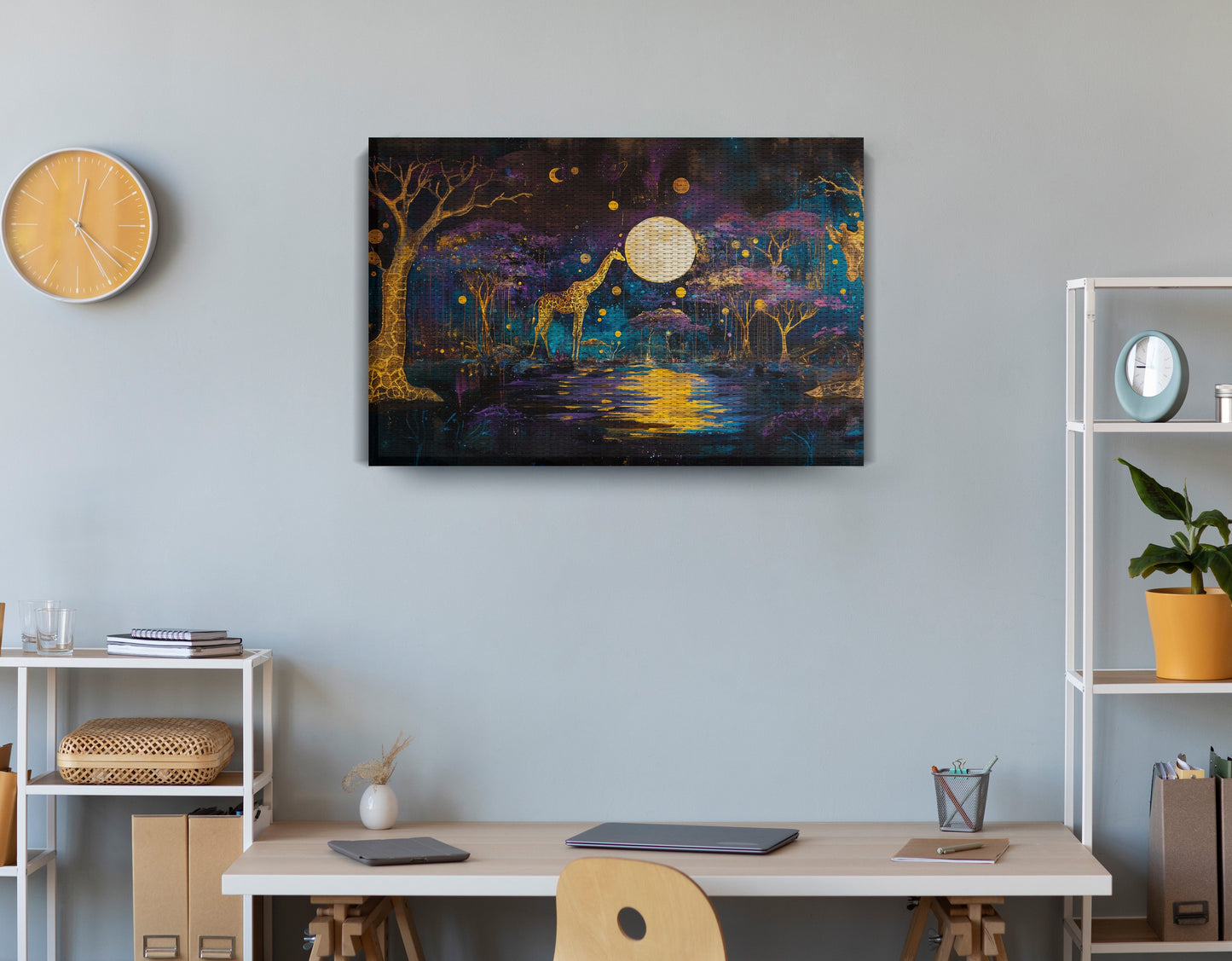 Moonlit Giraffe Safari African American canvas print displayed as office wall decor