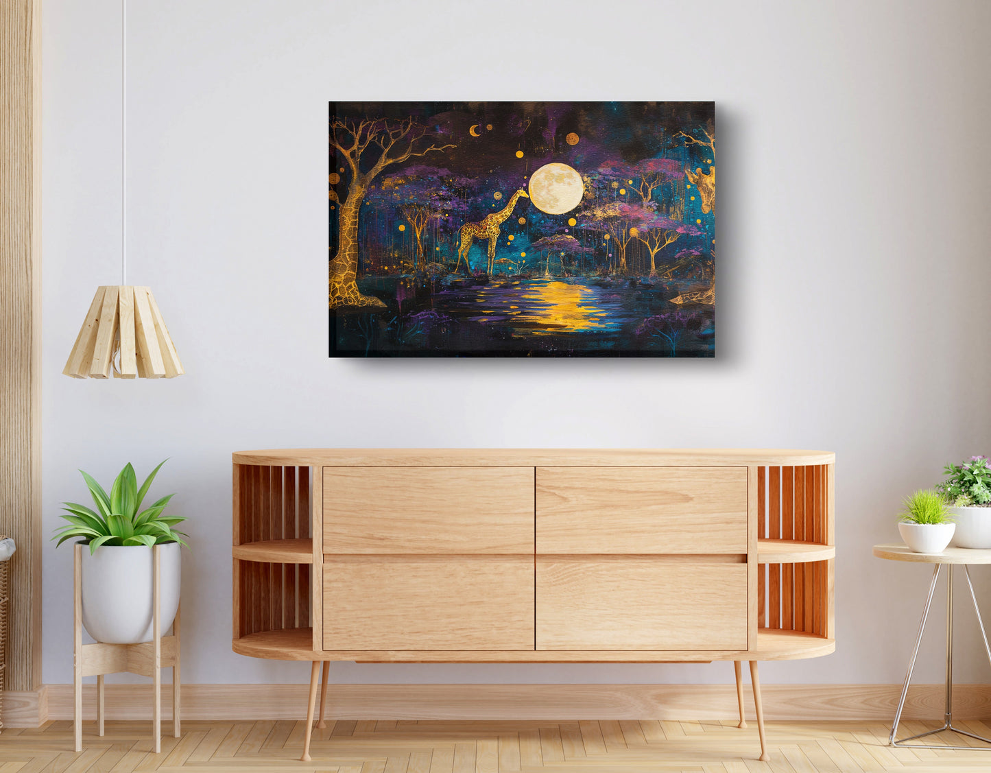Moonlit Giraffe Safari African American canvas print displayed as living room wall decor