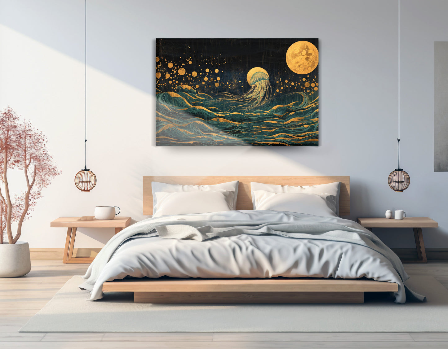 Moonlit Jellyfish Ocean Black Caribbean wall art displayed as bedroom wall decor