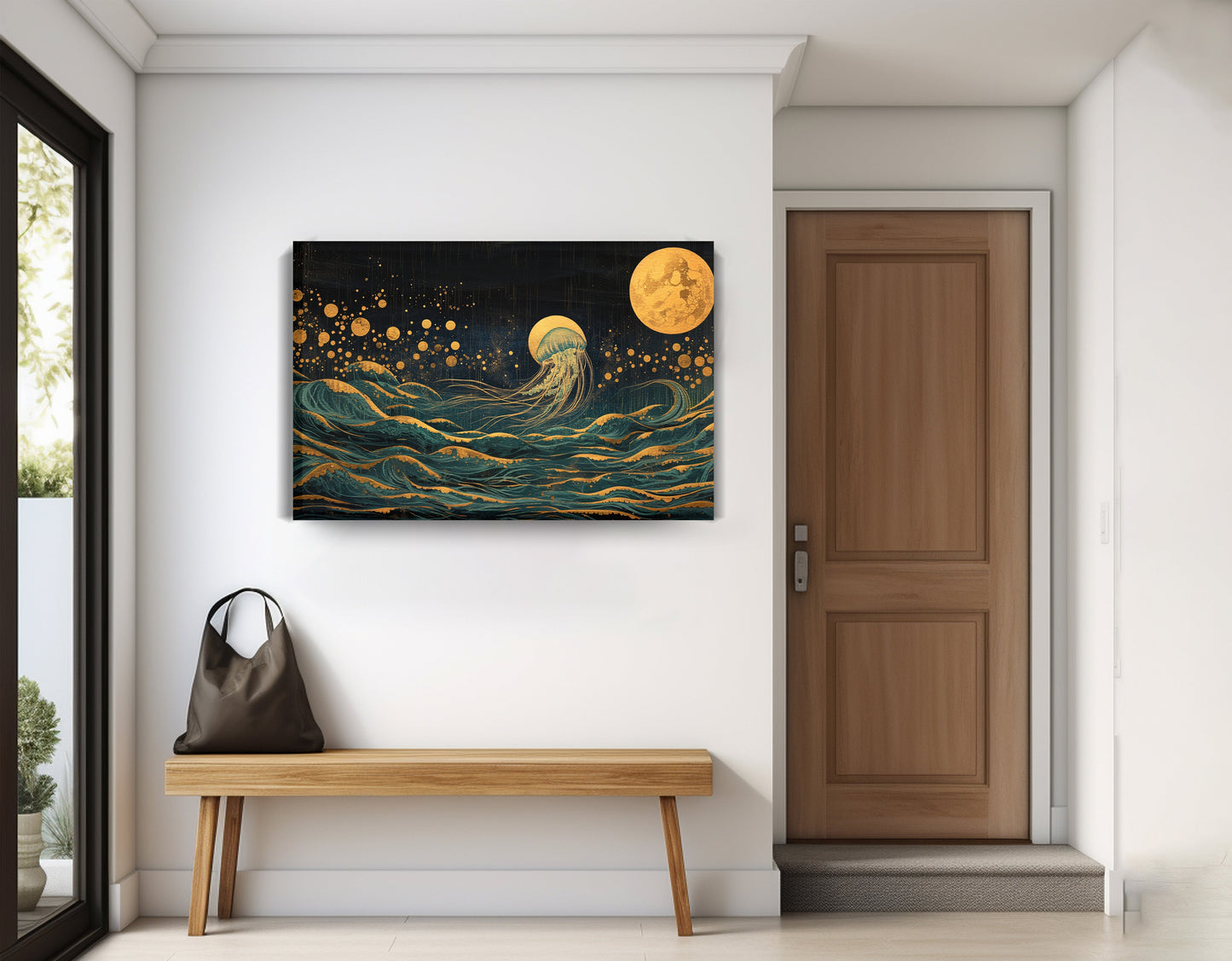 Moonlit Jellyfish Ocean Black Caribbean wall art displayed as entryway wall decor