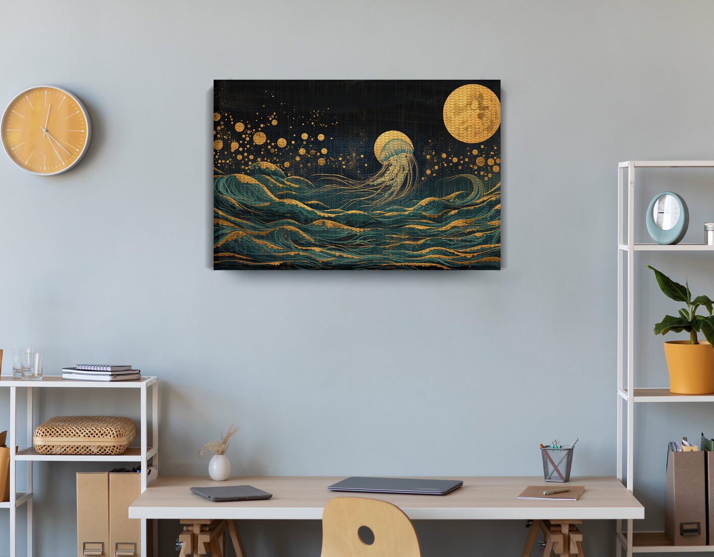 Moonlit Jellyfish Ocean Black Caribbean wall art displayed as office wall decor