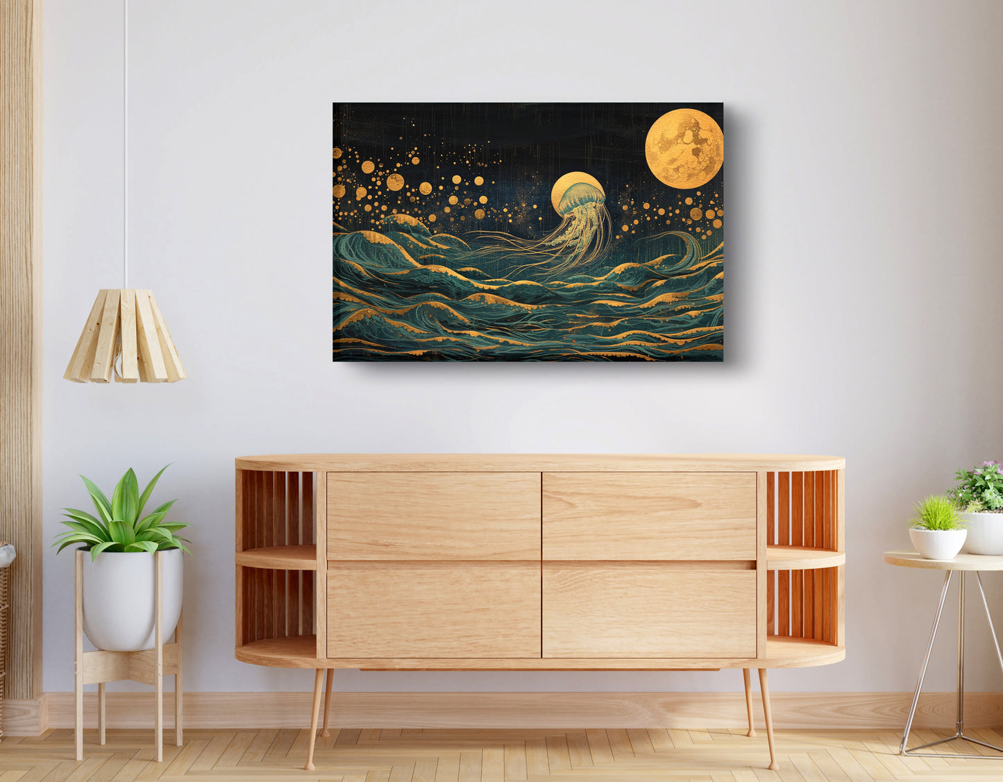 Moonlit Jellyfish Ocean Black Caribbean wall art displayed as living room wall decor