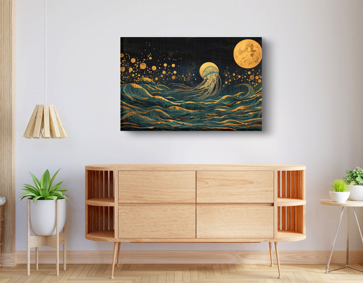 Moonlit Jellyfish Ocean Black Wall Art Print