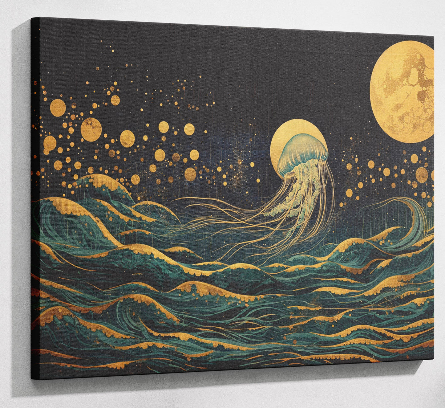 Moonlit Jellyfish Ocean Black Caribbean wall art canvas print with visible wall art format