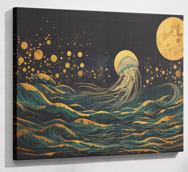 Moonlit Jellyfish Ocean Black Caribbean wall art canvas print with visible wall art format