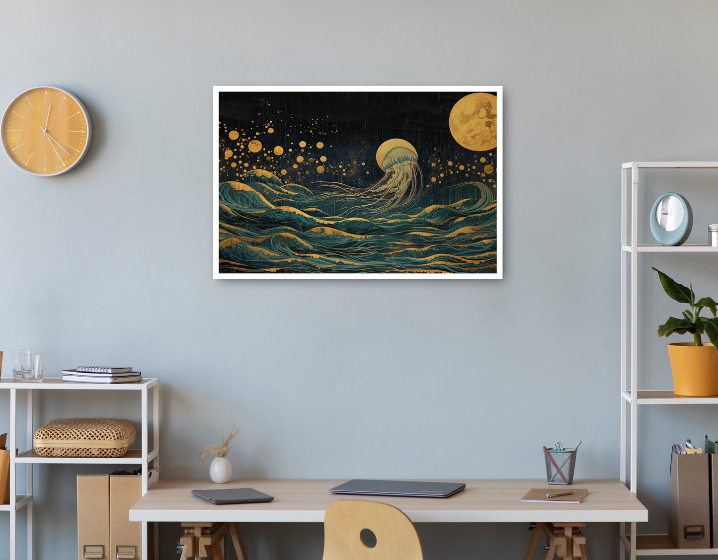 Moonlit Jellyfish Ocean Black Caribbean wall art print view
