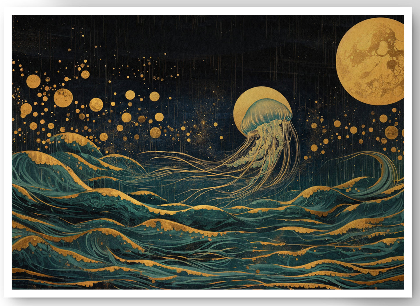 Moonlit Jellyfish Ocean Black Caribbean wall art canvas print by MoomZee Artwork