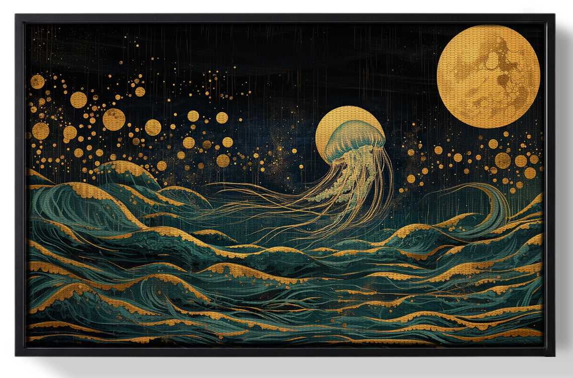 Framed Moonlit Jellyfish Ocean Black Caribbean wall art for home decor