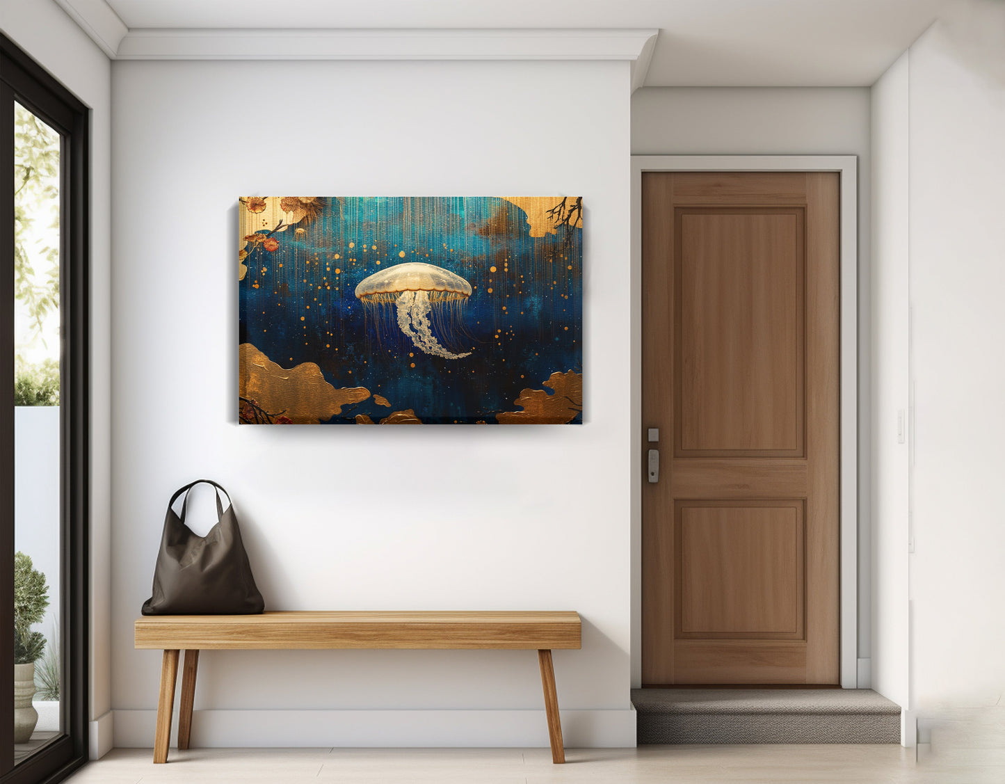 Jellyfish Ocean Fantasy Black Caribbean wall art displayed as entryway wall decor