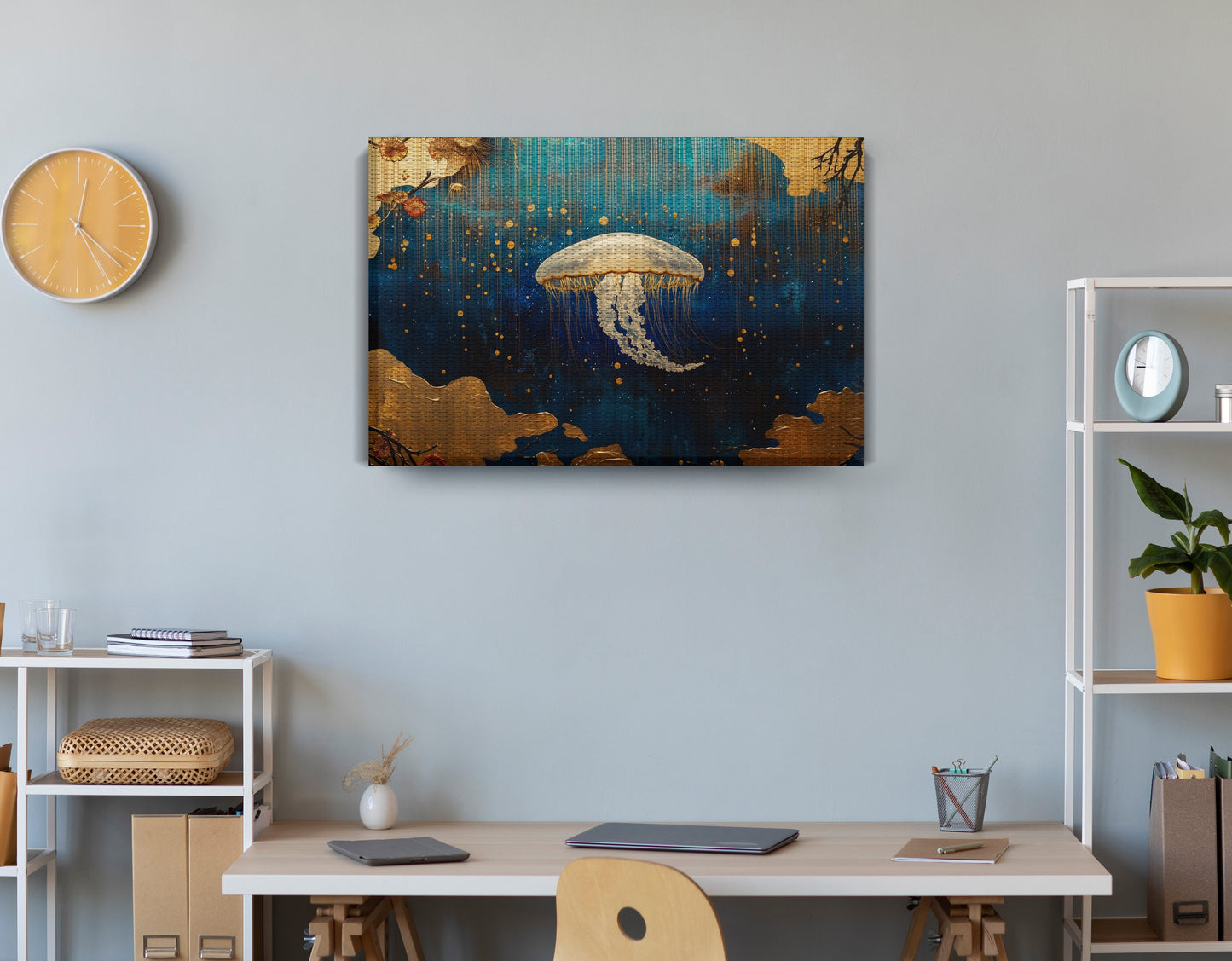 Jellyfish Ocean Fantasy Black Caribbean wall art displayed as office wall decor