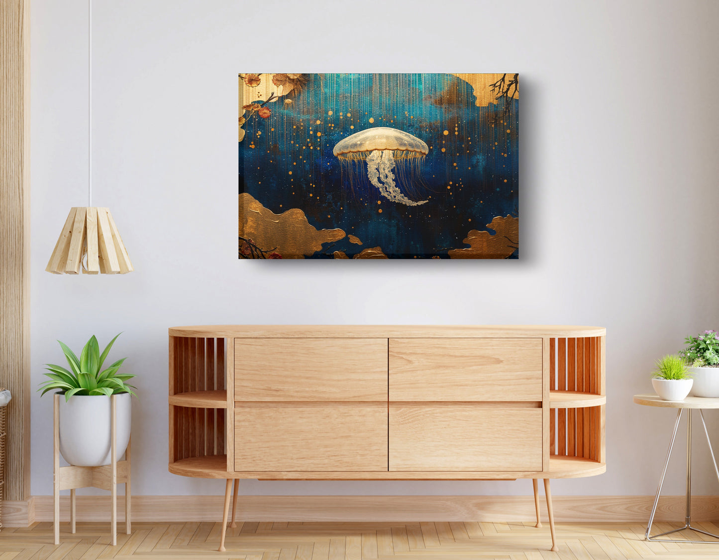 Jellyfish Ocean Fantasy Black Caribbean wall art displayed as living room wall decor