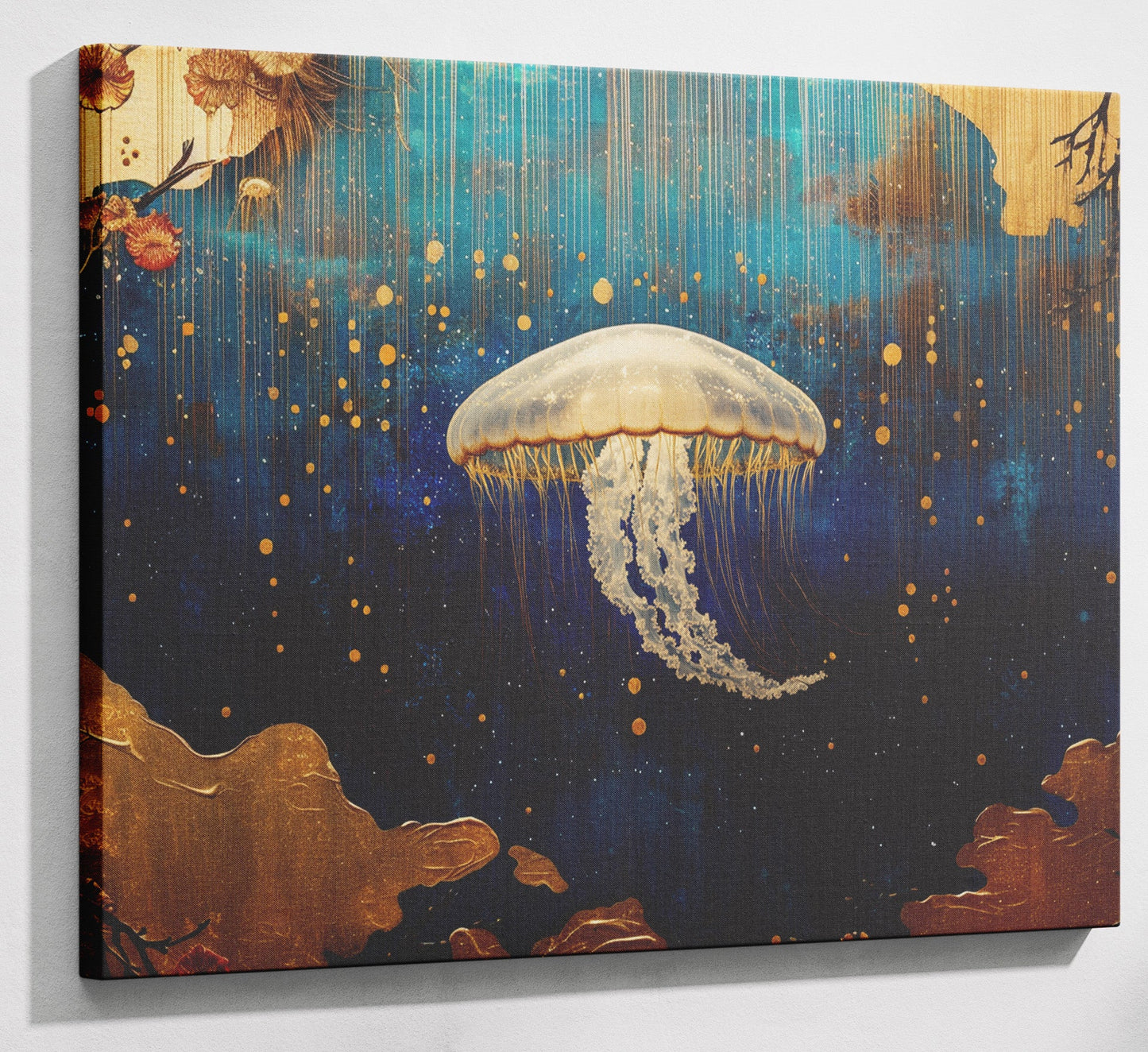 Jellyfish Ocean Fantasy Black Caribbean wall art canvas print with visible wall art format