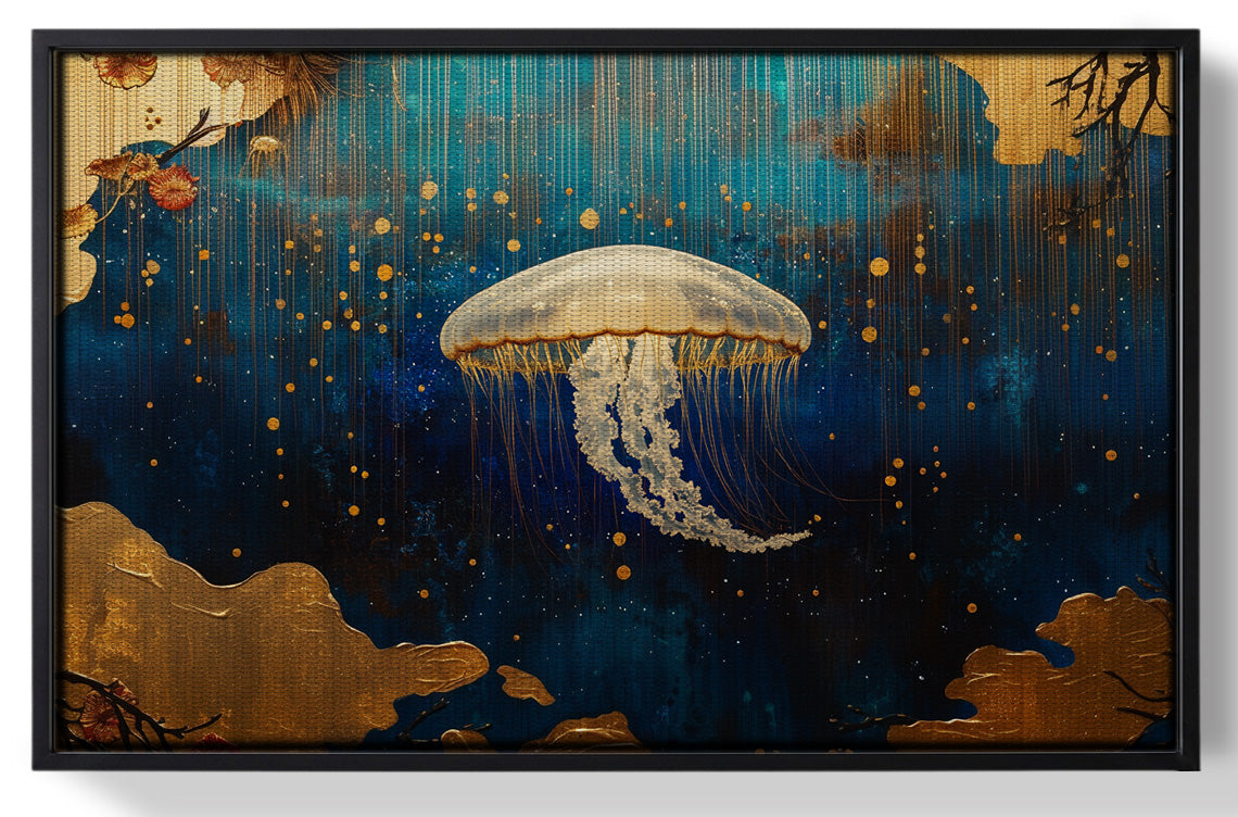 Framed Jellyfish Ocean Fantasy Black Caribbean wall art for home decor