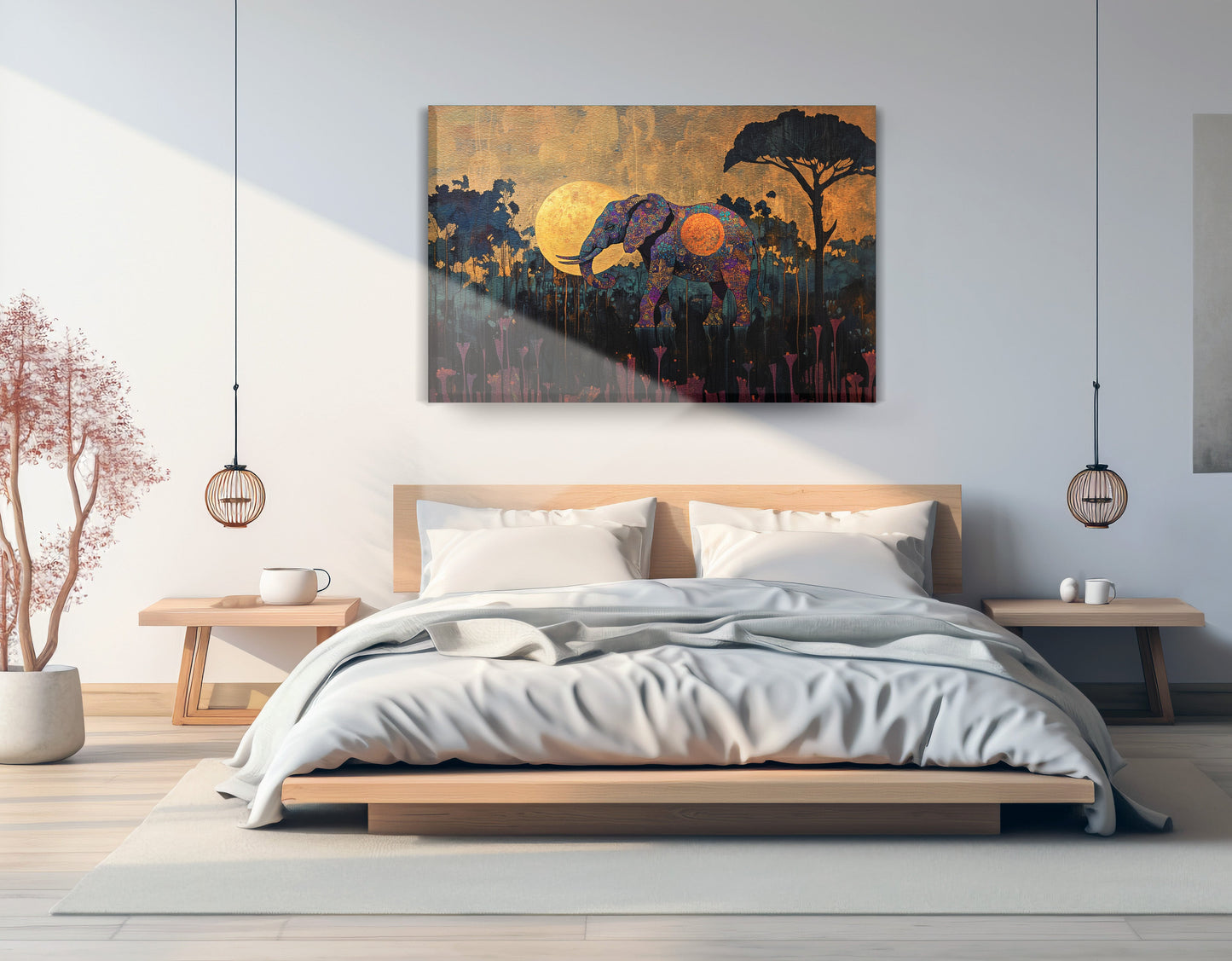 Elephant Moon Safari African American canvas print displayed as bedroom wall decor