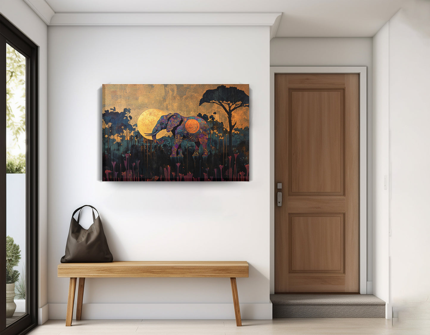 Elephant Moon Safari African American canvas print displayed as entryway wall decor