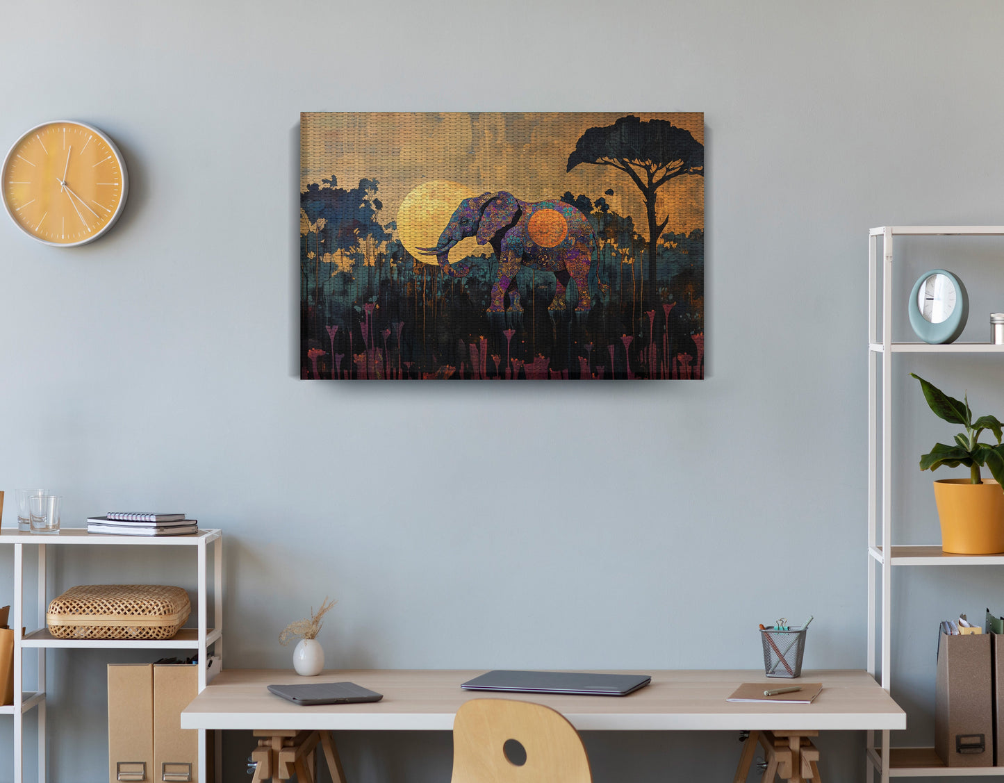 Elephant Moon Safari African American canvas print displayed as office wall decor