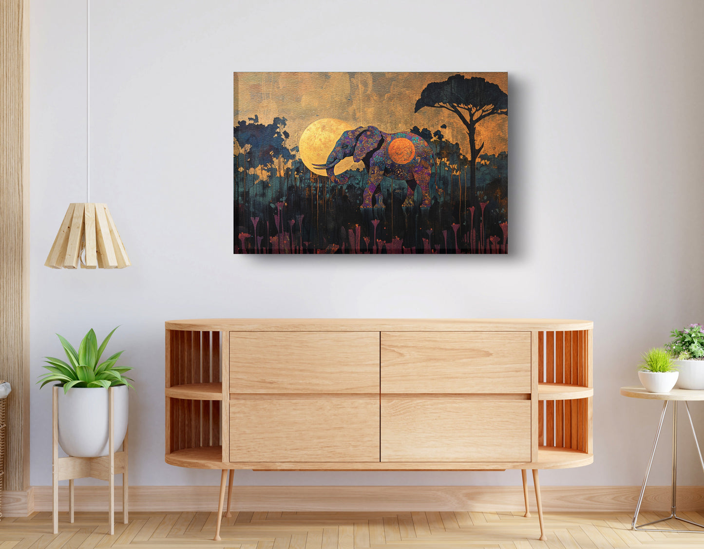 Elephant Moon Safari African American canvas print displayed as living room wall decor