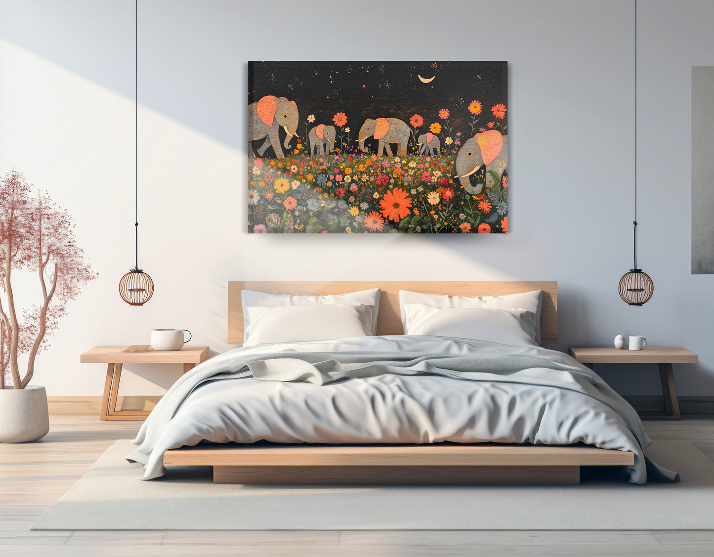Elephant Family Floral African American canvas print displayed as bedroom wall decor