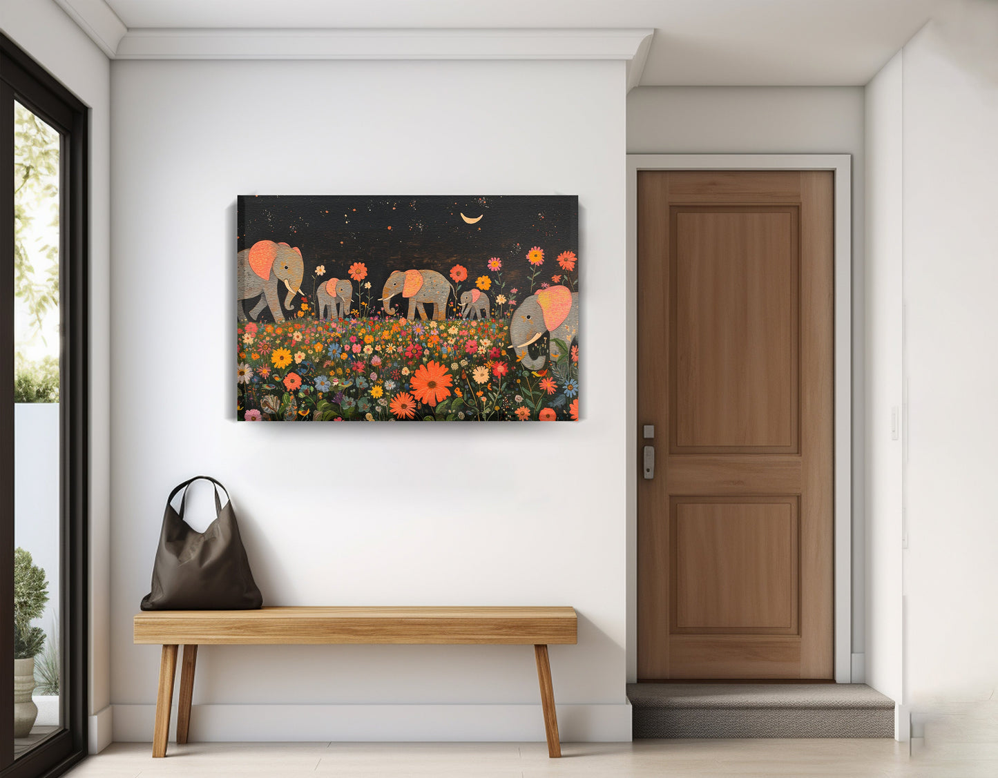 Elephant Family Floral African American canvas print displayed as entryway wall decor