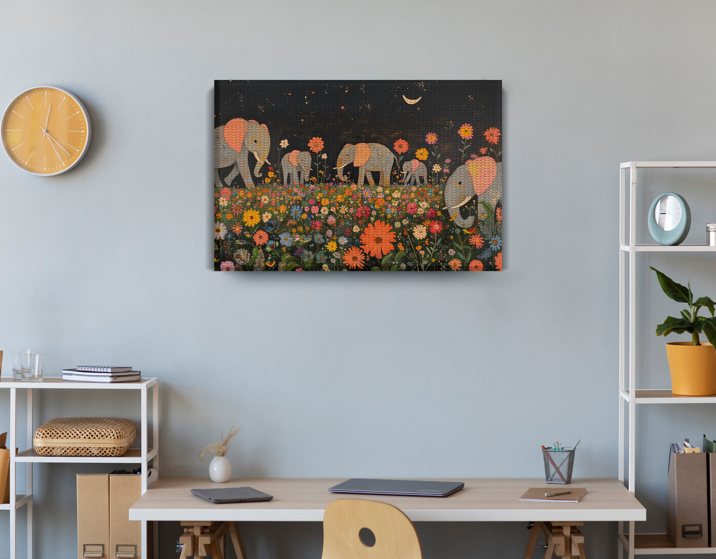 Elephant Family Floral African American canvas print displayed as office wall decor