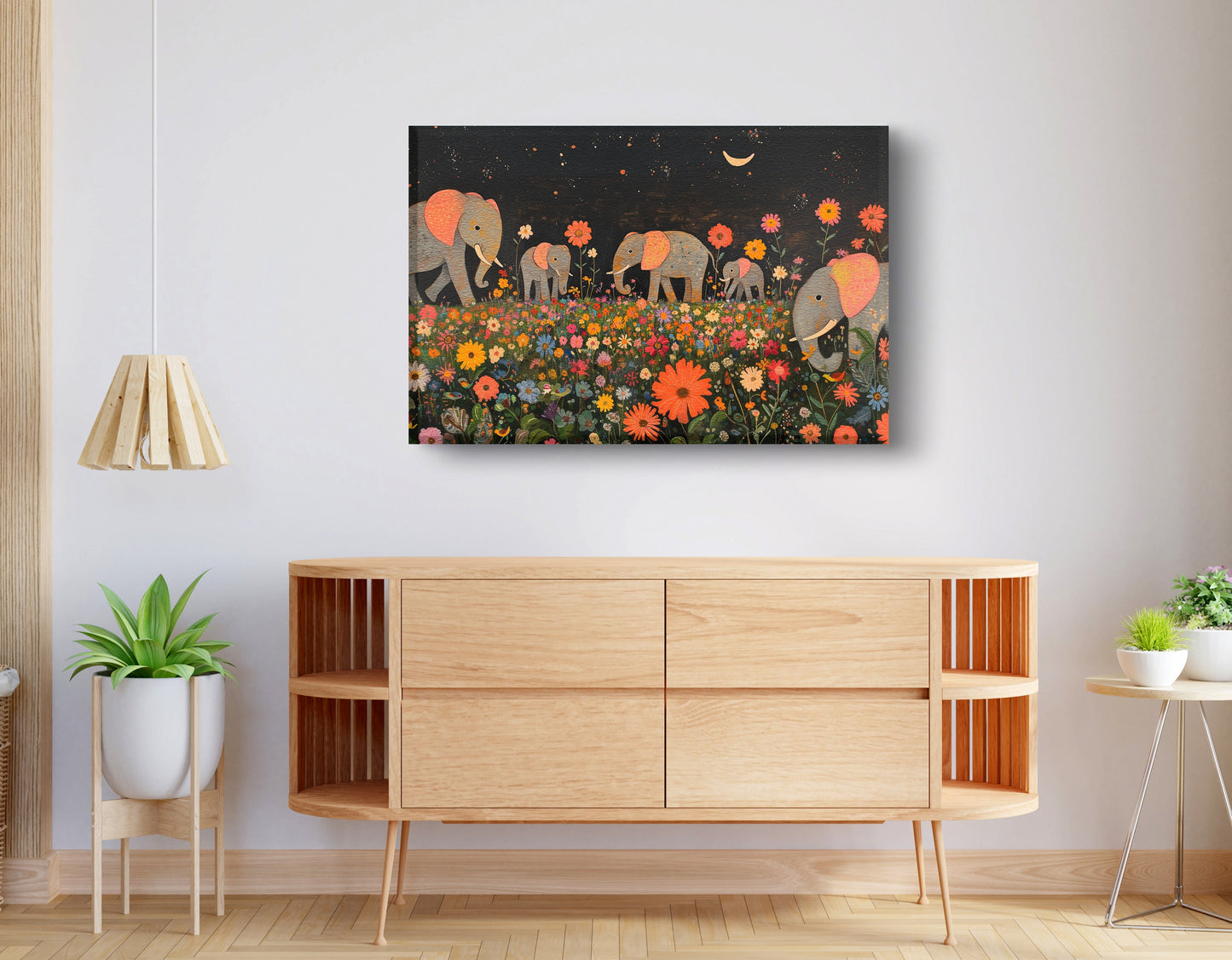 Elephant Family Floral African American canvas print displayed as living room wall decor