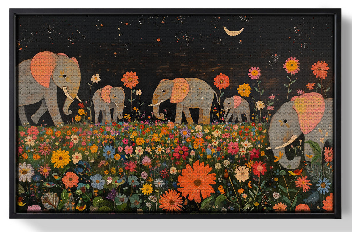 Framed Elephant Family Floral African American canvas print for home decor