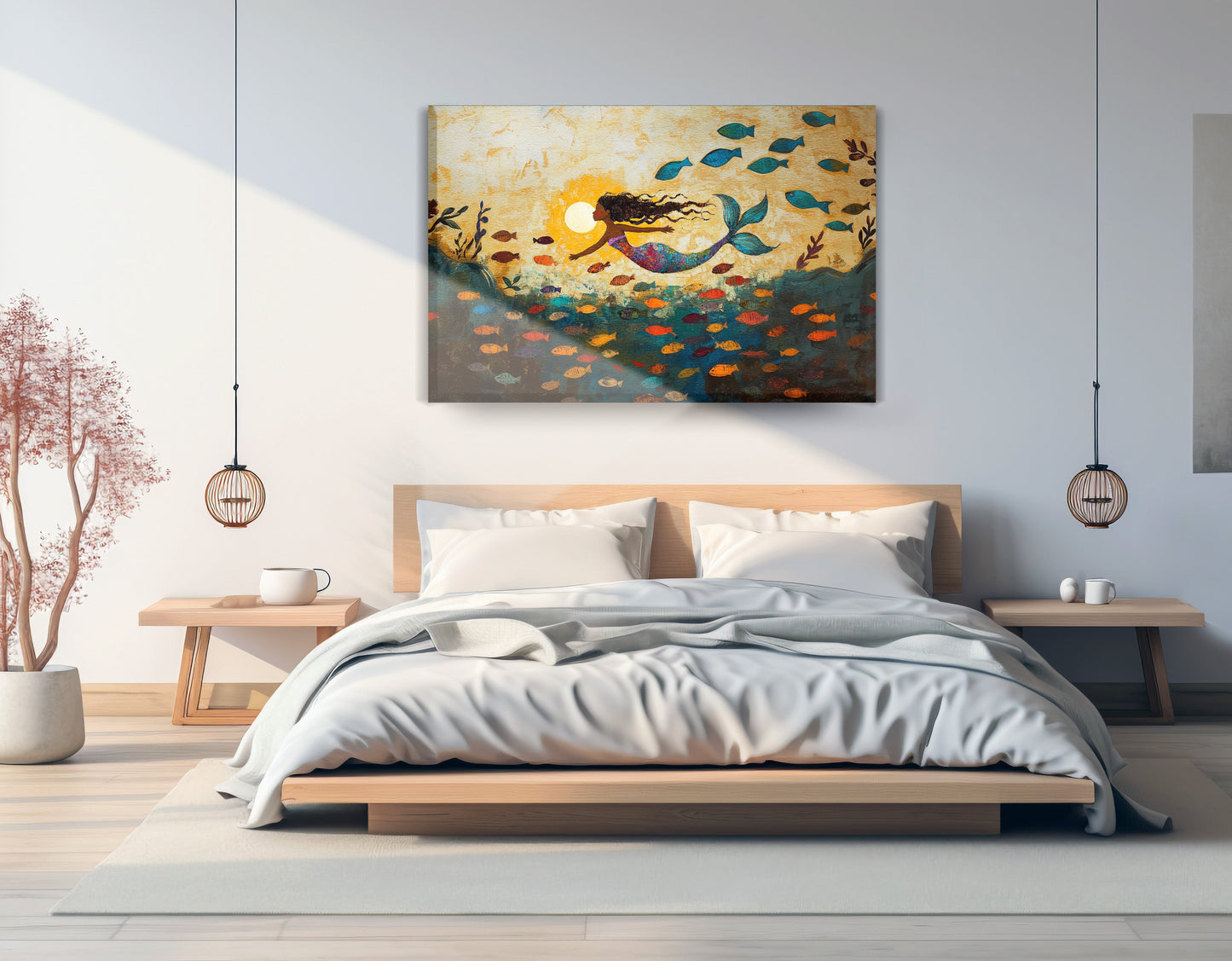 Black Mermaid Ocean Sunset Caribbean wall art displayed as bedroom wall decor