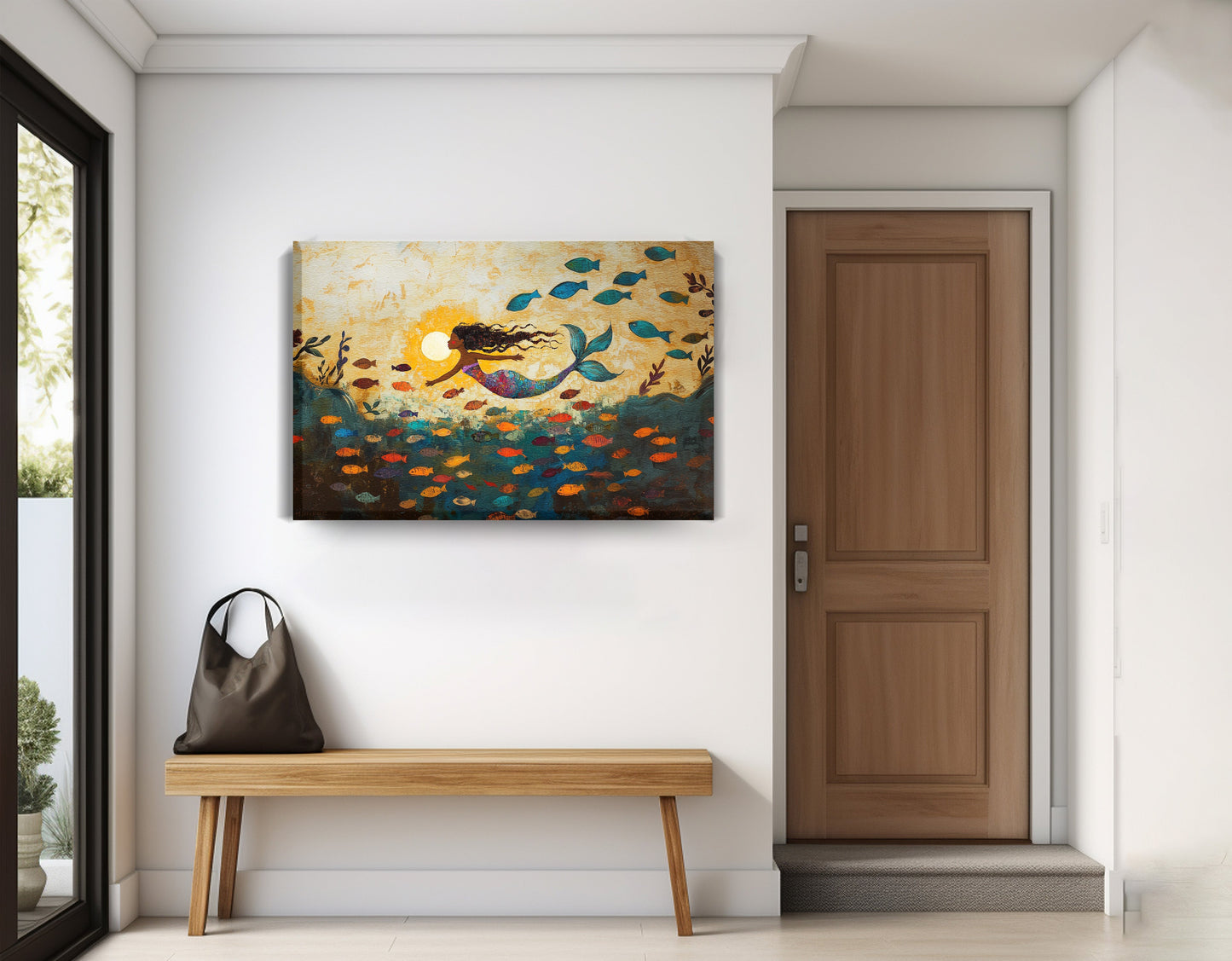 Black Mermaid Ocean Sunset Caribbean wall art displayed as entryway wall decor