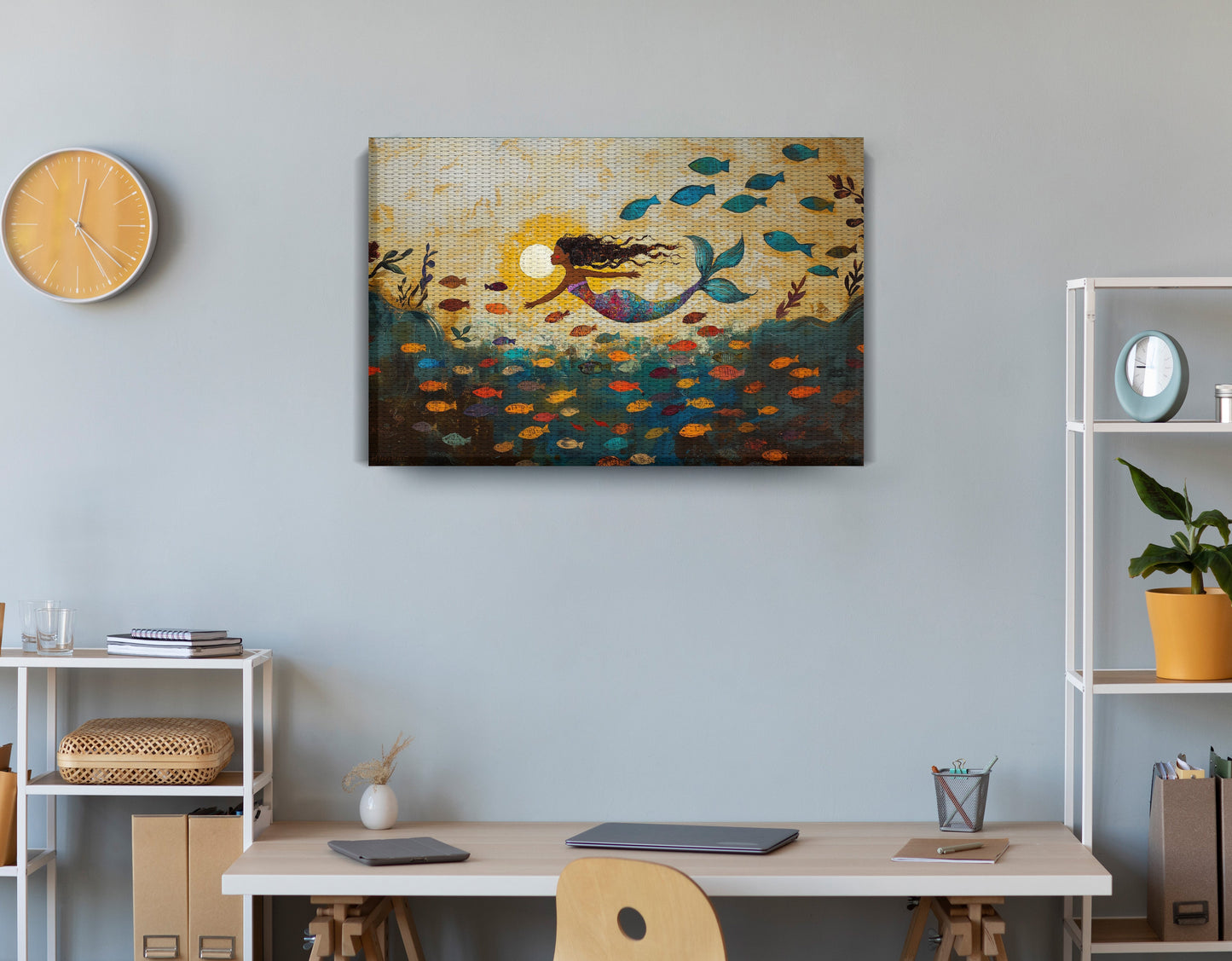 Black Mermaid Ocean Sunset Caribbean wall art displayed as office wall decor