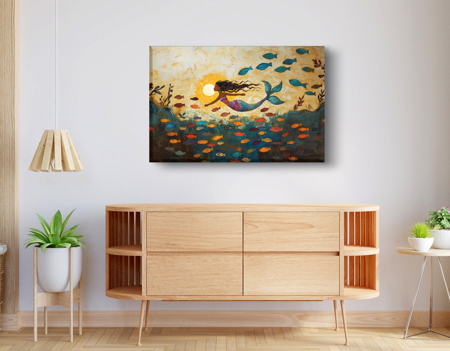 Black Mermaid Ocean Sunset Caribbean wall art displayed as living room wall decor