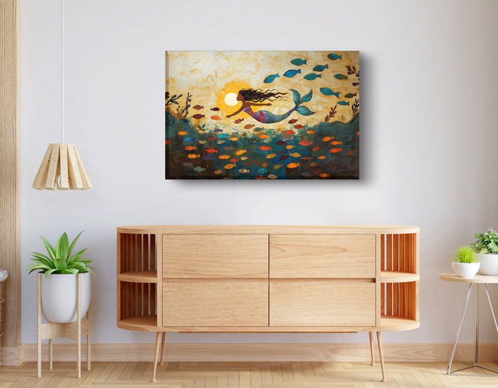 Black Mermaid Ocean Sunset Wall Art Print