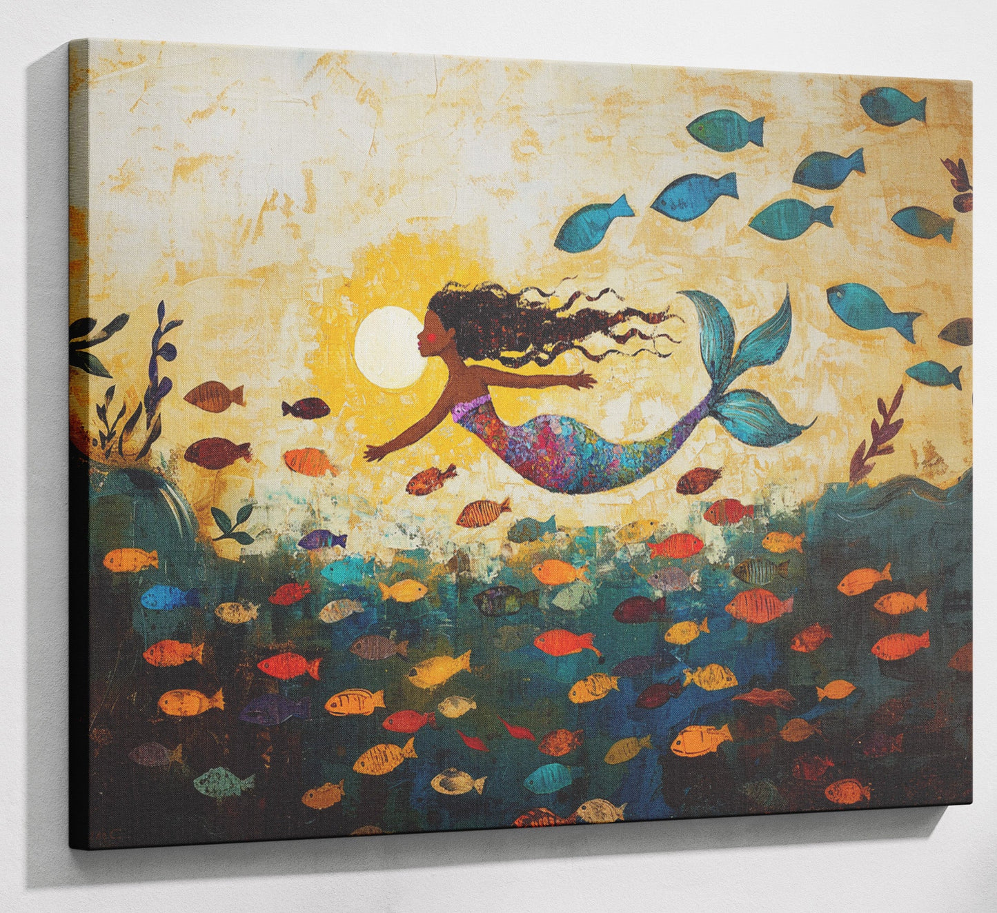 Black Mermaid Ocean Sunset Caribbean wall art canvas print with visible wall art format
