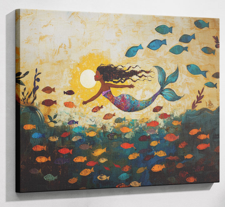 Black Mermaid Ocean Sunset Caribbean wall art canvas print with visible wall art format